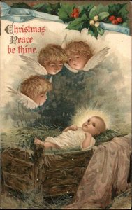 Ernest Nister No. 266 Child Angels Look Over Christ Child c1910 Vintage Postcard