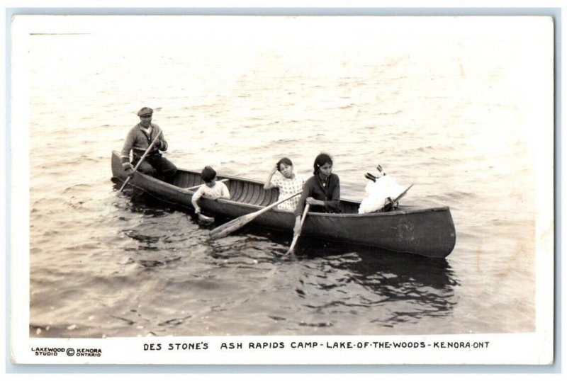 1953 Des Stone Ash Rapids Camp Canoe Lakewood Kenora Ontario RPPC Photo Postcard