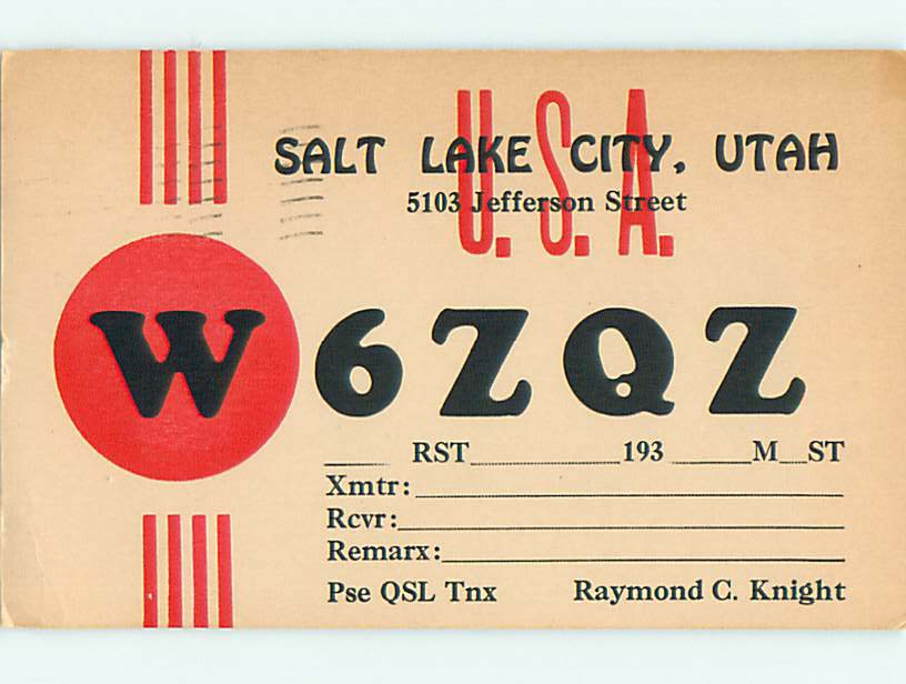 1930's Vintage Qsl Ham Radio Card Salt Lake City Utah UT t1885 United