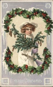Christmas Pretty Little Girl with Pine Boughs c1910 Vintage Postcard