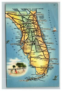 Vintage 1940's Postcard Greetings From Florida - Giant Map Sailing Beaches