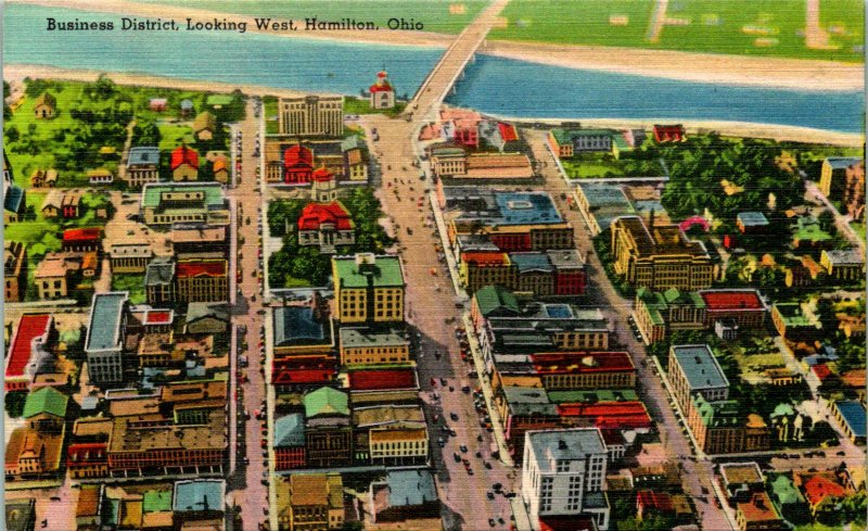 Hamilton OH Business District Looking West Postcard unused (23915)