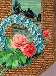 c.1910 Vintage postcard Birthday Gold Embossed Cottage Floral Lovely