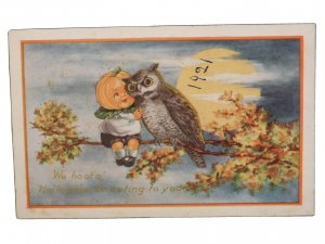 1921 Halloween Postcard Jack-O'-Lantern Child with Owl in Tree in Front of Moon