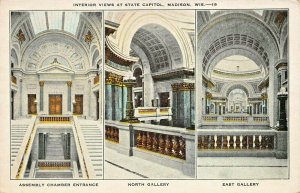 MADISON WISCONSIN~INTERIOR VIEWS AT WI STATE CAPITOL-KROPP 1920s POSTCARD