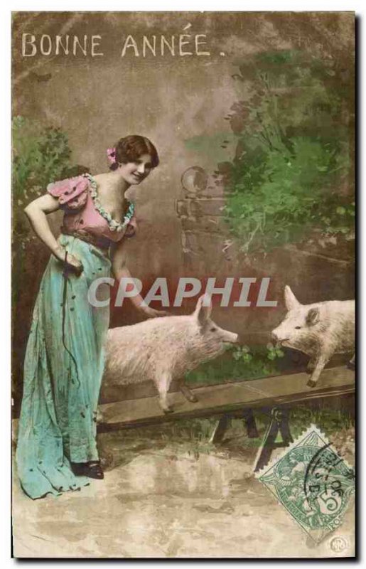 Old Postcard Cochon Pig Woman Happy new year