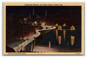 Night View Illuminated Roadway Boulder Dam  Nevada NV UNP Linen Postcard S13
