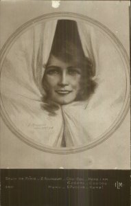 Beautiful Woman Peeks Thru Curtain ROUSSELET Real Photo Postcard c1910