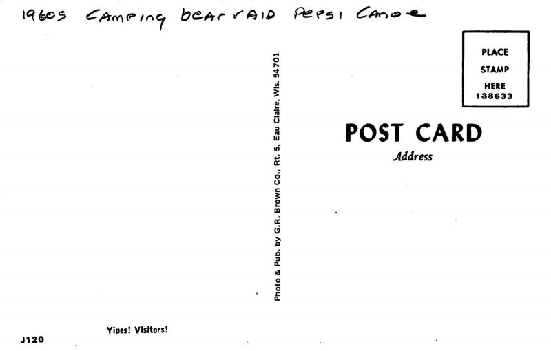 Postcard 1960s Camping bear raid Pepsi canoe Brown 23-9517