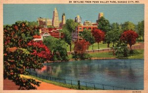 VINTAGE POSTCARD SKYLINE FROM PENN VALLEY PARK KANSAS CITY MISSOURI