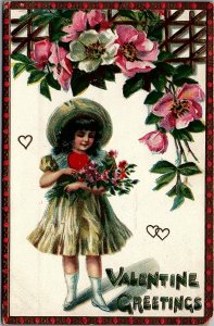 1913 VALENTINE GREETING GIRL HEART FLOWERS RAPHAEL TUCK EMBOSSED POSTCARD 26-275