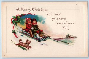 Christmas Postcard Children Sledding With Dog Winter Scene Berries c1910's