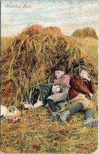 Boys sleeping in haystack Noonday Rest Valentine's Series posted 1909 Rutland VT