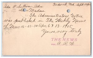 1905 The News Administrative Notice Published Frederick MD Postal Card