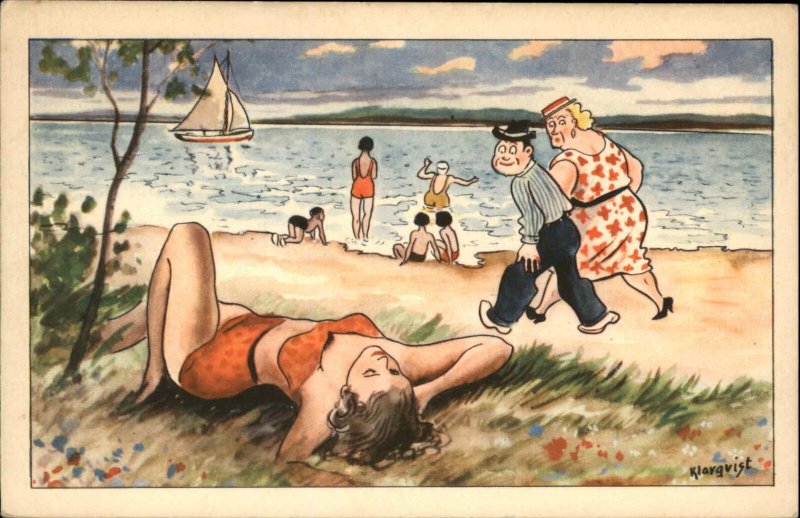 A/S KLARGVIST Couple Ogle Bathing Beauty on Beach Old Postcard