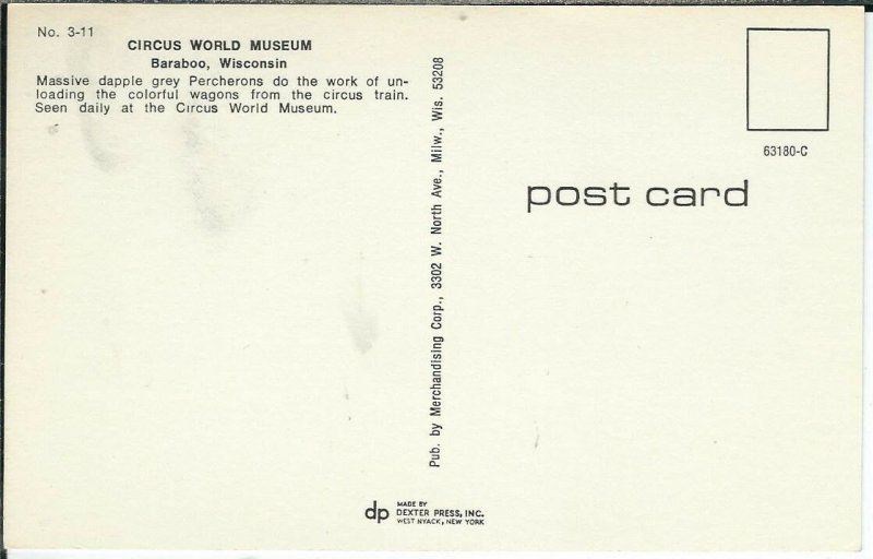 BB-025 Percheron Circus Train Load Circus World Museum Baraboo 1960-70s Postcard