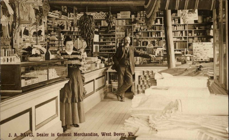 West Dover VT JA Davis Store Interior Visible Products Real Photo Postcard