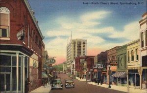 Spartanburg South Carolina SC North Church Street Classic Cars Linen Postcard