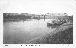 Wheeling West Virginia~Bridge Spaning Ohio River~Paddle Steamers~1920s Postcard