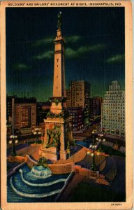 Soldiers and Sailors Monument Night View Circle Indianapolis IN Postcard C6