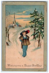 c1910's Happy New Year Woman Handwarmer Pine Tree Winter Antique Postcard