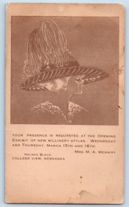 Advertising Postcard Pretty Woman Big Hat Feather Millinery Styles Opening 1911
