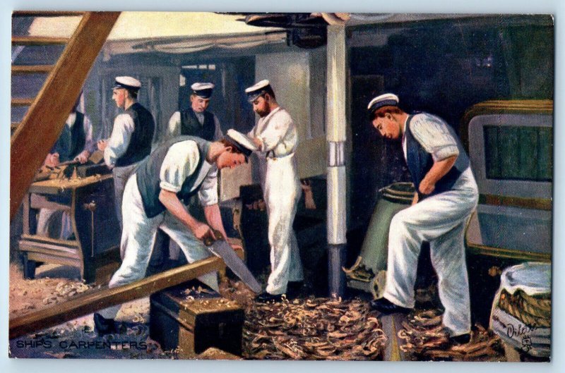 Postcard Navy Men Working as a Ships Carpenters c1910 Oilette Tuck Art
