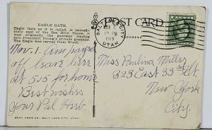Utah Eagle Gate Salt Lake City 1919 to E 33rd St New York  Postcard J19