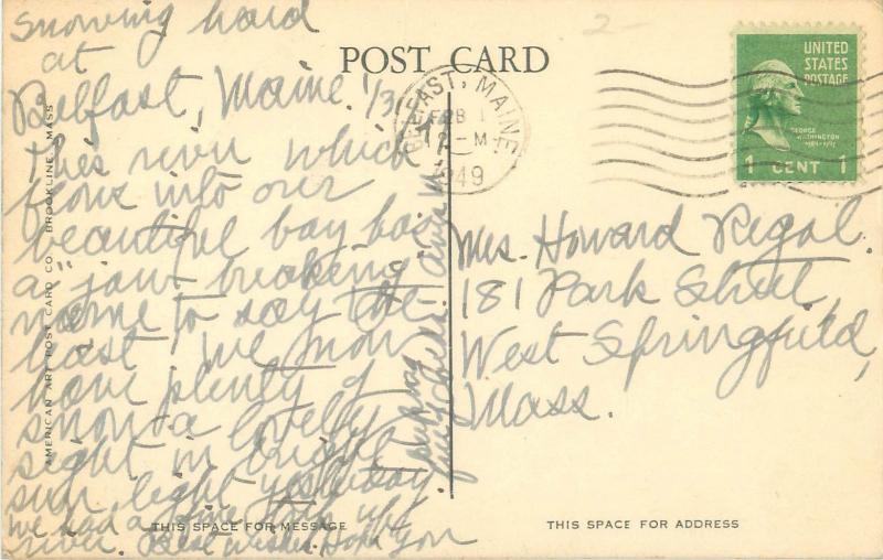 Belfast Maine 1949 Postcard Beaver Tail and Passagassawaukeag River, RR Tracks 