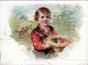 Trade Card - Woolson Spice Easter Greetings Boy with hat full of Egg-no back