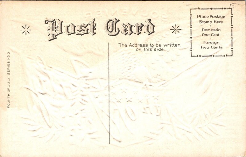 Vintage Postcard July 4th Eagle w/ Firecrackers in Beak Sits on US Shield, Flags