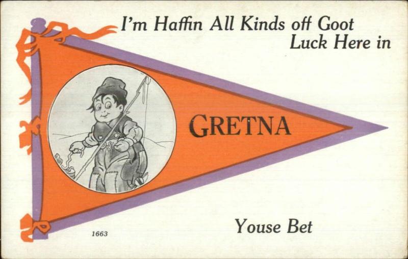 Pennant & Cute Dutch Kid Fishing Comic - GRETNA c1910 Postcard