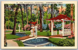 Jacksonville Florida 1940s Postcard The Oriental Gardens Girls On Bridge