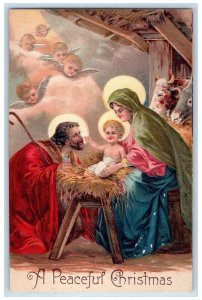 c1910's Christmas Jesus And Mary Angels Head Religious Embossed Antique Postcard 