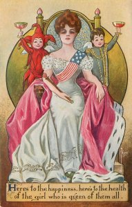 S/A Postcard Ryan Art Nouveau Woman American Flag Sash Sits w Angel & Devil A289