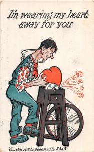 C1/ Valentine's Day Holiday Postcard c1910 E.B.&E. Grinding Stone Heart Man 17