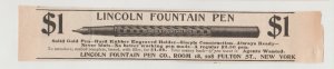 1896 Print Ad, Lincoln Fountain Pen 08 Fulton St, NY Size: 6 3/8 x 1 1/8