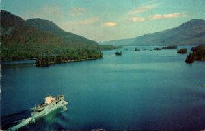 New York Lake George Aerial View With MV Ticonderoga Entering The Narrows 1953