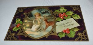 Christmas Greetings Angel Deer Holly Postcard Paul Fink Berlin Serie 9103