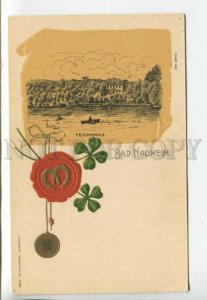 443165 GERMANY Bad Nauheim lucky horseshoe and clover Vintage embossed postcard