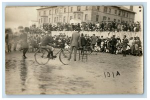 1912 Bicycle Musical Chairs Event Borth Ceredigion Wales UK RPPC Photo Postcard