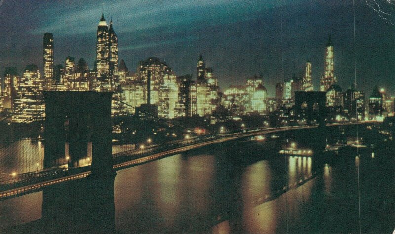 USA Brooklyn Bridge at Night New York City Vintage Postcard 07.48