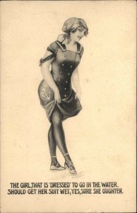 Pretty Woman in Old Fashioned Bathing Costume Swimsuit c1910 Postcard