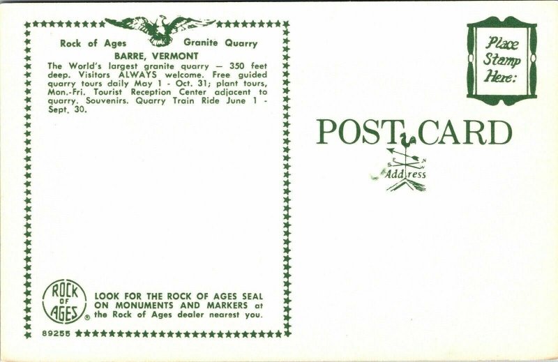 Rock Ages Granite Quarry Barre Vermont VT Postcard VTG UNP Vintage Unused Chrome 