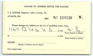 1940s FULTON COUNTY GEORGIA VOTER ADDRESS CHANGE T.E.SUTTLES POSTCARD 46-131