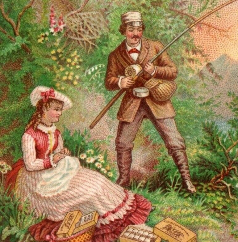 1880 Pocket Calendar J&P Coats Spool Cotton Fly Fishing Man & Lady P229