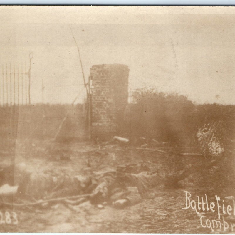 c1917 WWI RPPC Battlefield Near Cambrai, France Ruins War Casualties Photo A161
