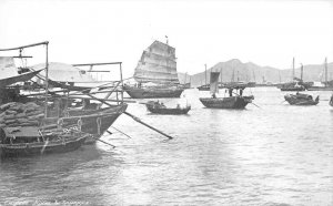 Hong Kong Harbor Scene Junk Ships and Sampans Vintage Postcard AA50033