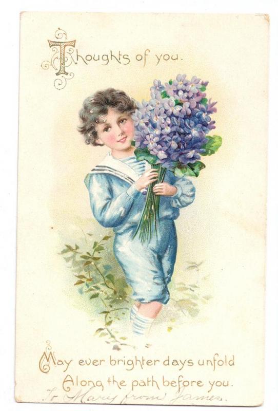 Boy Forget Me Nots Tuck Embossed Birthday Postcard Litho