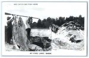 Fife Lake Saskatchewan Canada RPPC Photo Postcard Boat Paddle Giant Fish c1920's